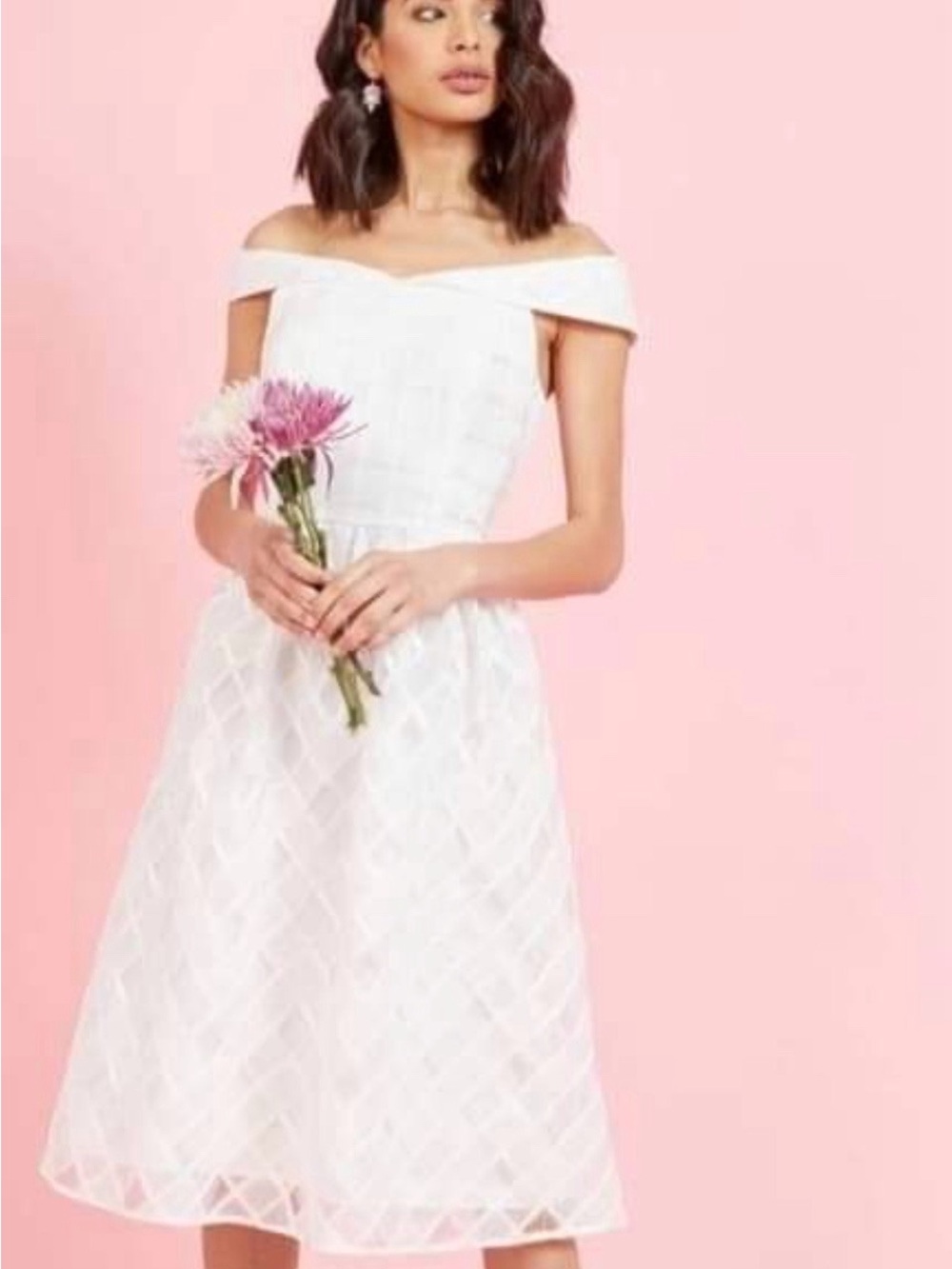 Lace & Mesh Off-Shoulder White Midi Dress with Textured A-Line Skirt